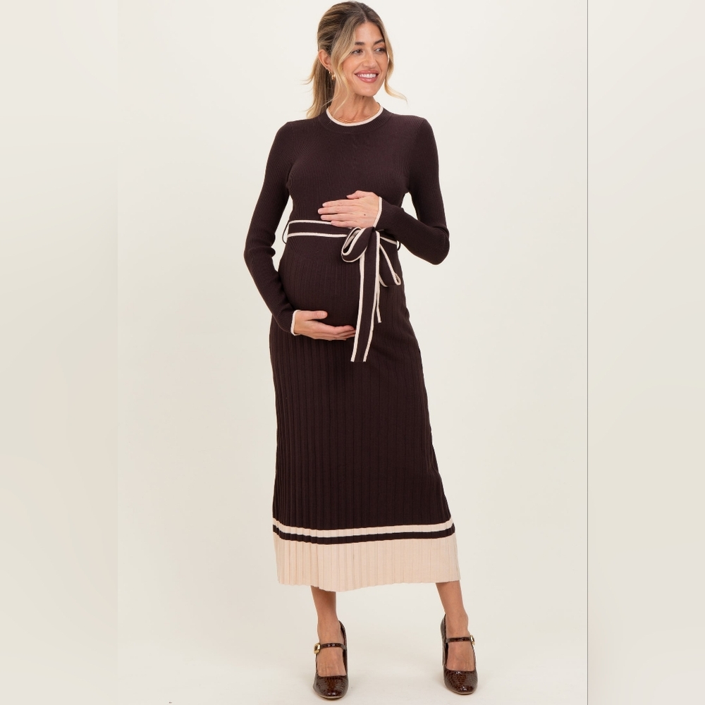 Pinkblush Maternity Dress NWT Brown Ribbed Sweater Midi